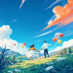 an artistic scene of a couple flying a kite with orange and blue balls