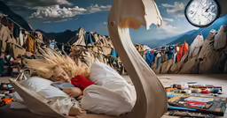 a girl lying on a bed with a goose design