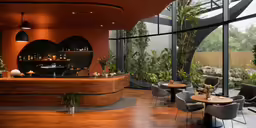 a lounge area with large glass windows and potted plants