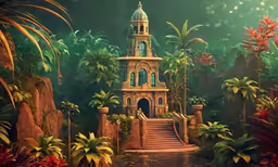 a photo of a building and stairs through the jungle