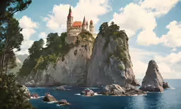 a castle stands on a cliff near a body of water