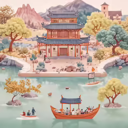 a mural depicting the oriental landscape with people in boats and building