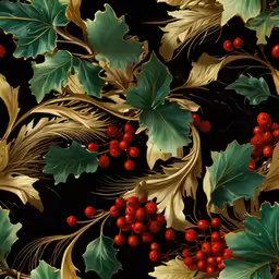 holly and golden leafy foliage and berries on black