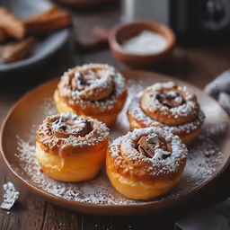 a plate with four powdered sugar cinnamon rolls