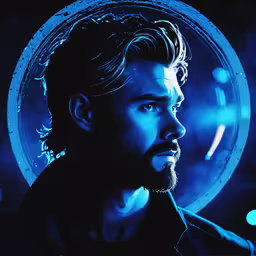 the avengers avengers poster of nikola starke, with his face illuminated,man looking off into distance in dark room with bright lights