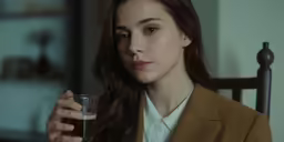 the girl in the brown jacket is drinking from a glass