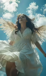a woman in white dress and wings on the sky