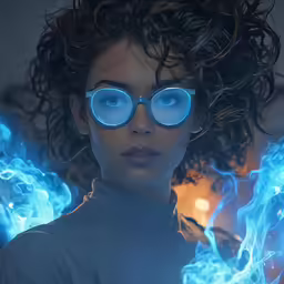 a woman with bright glasses on her face and fire