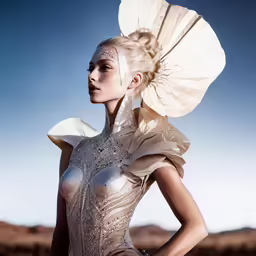 a beautiful blonde lady with a big, white umbrella hat