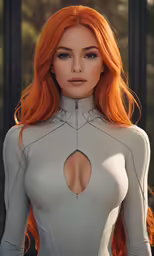 an attractive woman in white and a red wig wearing a leather body suit