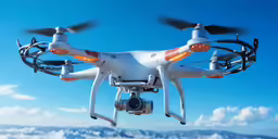a white quadcopt with propellers flying in the sky