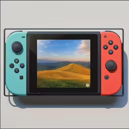 a video game player with a colorful front, facing a landscape
