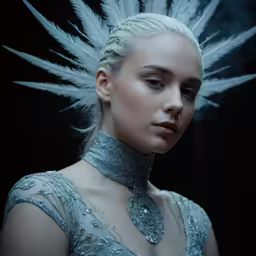 this woman is dressed in blue and white, with feathered wings on her head