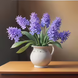 a white pitcher with purple flowers in it
