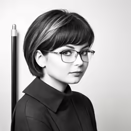 an attractive woman wearing glasses in front of a pole