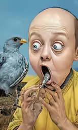 an illustration of a bird with a surprised child taking a bite