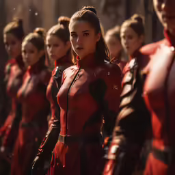 a lot of women in red suits are lined up