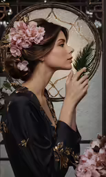 a woman in black dress and a pink flower