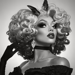 a woman with curly hair wearing a black bow tie