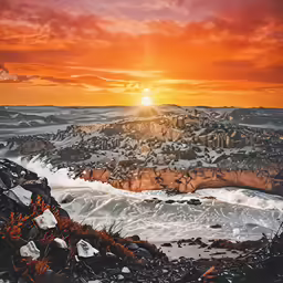 a painting of a snowy landscape with the sun shining