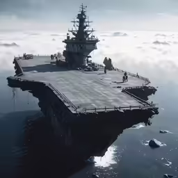 people stand on the deck of a large military aircraft carrier floating in the water
