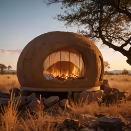 an outdoor fireplace is seen in a grassy field