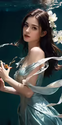 the woman is standing underneath water holding onto a flower
