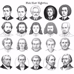 a bunch of men in black and white,an illustrated chart of the famous authors,a book cover with a number of different heads,several pictures of different types of people with beards,different types of people from different ages and sizes