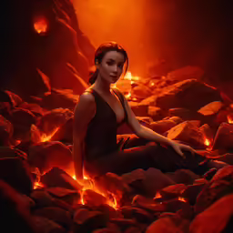 a woman sits on some rocks near the fire