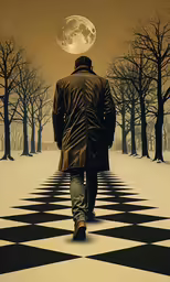 a person walking across a checkerboard floor covered in snow