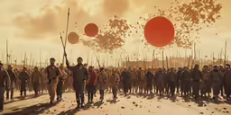 people and red balloons in a desert, surrounded by sand