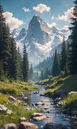 a painting of a rocky mountain river running through a grassy valley below