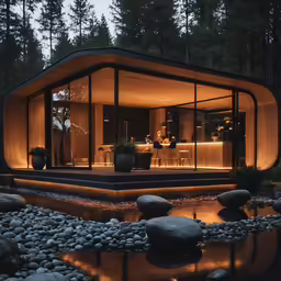 a room in the woods with large windows, rocks and plants on the ground