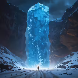 a person walking towards a giant iceberg towering in the mountains