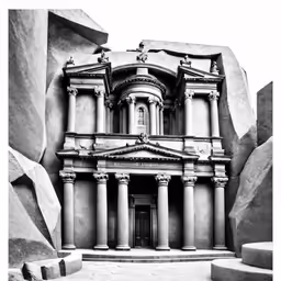 an ancient building in black and white is surrounded by boulders