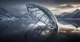 a large glass structure next to some water