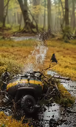 a tractor that is sitting in the grass near a creek