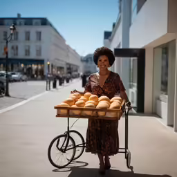 a lady pushing her cart of bread down the street