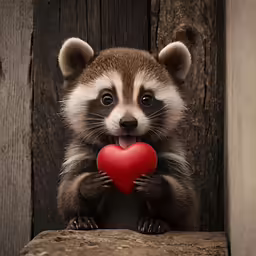 a raccoon holding a heart on a wooden fence