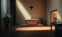 the light is shining on the bath tub