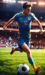 man running with soccer ball at indoor stadium,a soccer player dribbles a ball with his foot