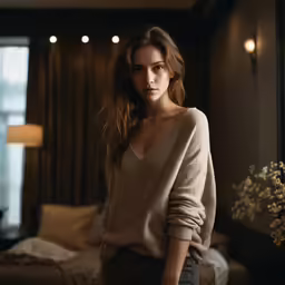 a woman is standing in a bedroom, near a bed