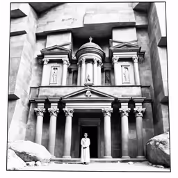 a man is standing at the entrance to a building