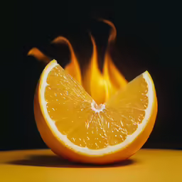 an orange cut in half sitting in front of flames