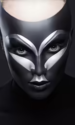 woman in black and white make - up with the cat mask on