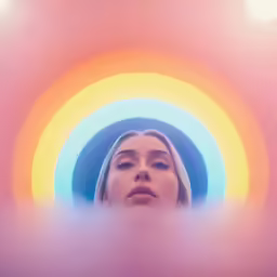 the blonde woman looks up into a circular doorway