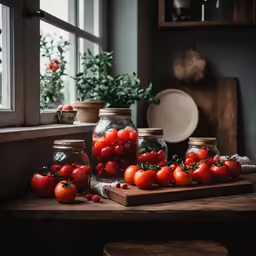 tomatoes are on a wooden cutting board near some glass jars