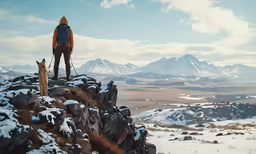 a man standing on a rocky outcropping overlooking the valley