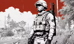 the soldier in uniform is standing in front of some houses,a soldier in a helmet and uniform walks down the street