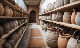 a large collection of vases are lined up against a wall